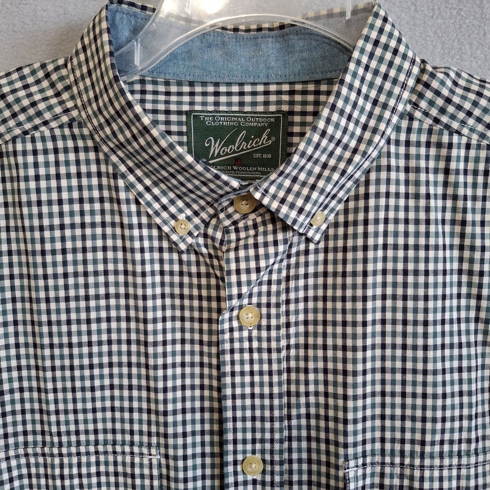 Woolrich Mens Large Blue Green Gingham Plaid Shirt Long Sleeve Roll Tab Sleeve